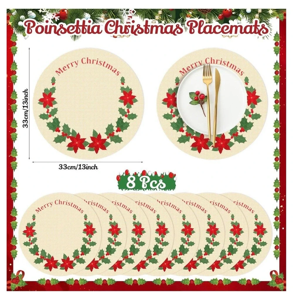 Remerry Poinsettia Round Christmas Placemats Set of 8,Flower Xmas Red Embroidere